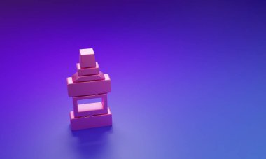 Pembe ağız gargarası plastik şişe ve mor-mavi arka planda izole edilmiş cam ikon. Ağzını çalkalamak için sıvı. Ağız bakım ekipmanları. Minimalizm kavramı. 3 Boyutlu resimleme.