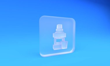 Buzlu cam ağız gargarası plastik şişe ve mavi arka planda izole edilmiş cam ikon. Ağzını çalkalamak için sıvı. Ağız bakım ekipmanları. Kare buzlu cam düğme. 3 Boyutlu resimleme.
