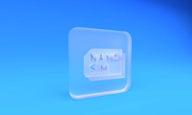 Buzlu cam Nano Sim Kart simgesi mavi arka planda izole edildi. Mobil ve kablosuz iletişim teknolojileri. Ağ çipi elektronik bağlantısı. Kare buzlu cam düğme. 3 Boyutlu resimleme.
