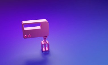 Mor-mavi arkaplanda izole edilmiş pembe elektrik karıştırıcı simgesi. Mutfak blenderi. Minimalizm kavramı. 3 Boyutlu resimleme.