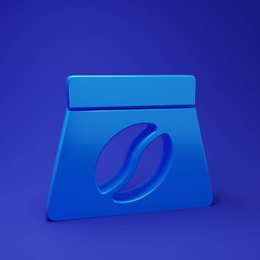 Mavi kahve torbası mavi arka planda izole edilmiş. Minimalizm kavramı. 3 Boyutlu resimleme.