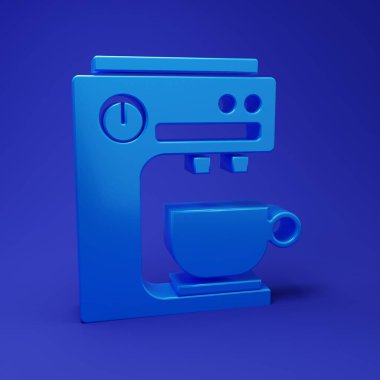 Mavi kahve makinesi simgesi mavi arkaplanda izole edilmiş. Minimalizm kavramı. 3 Boyutlu resimleme.