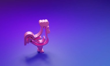 Mor-mavi arka planda izole edilmiş pembe Fransız horoz ikonu. Minimalizm kavramı. 3 Boyutlu resimleme.
