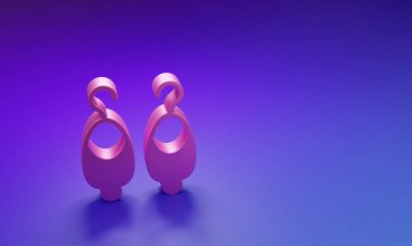 Mor-mavi arka planda izole edilmiş pembe küpe ikonu. Mücevher aksesuarları. Minimalizm kavramı. 3 Boyutlu resimleme.