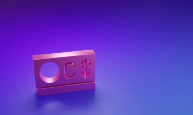 Mor-mavi arka planda izole edilmiş pembe Kanada dolar para birimi sembolü. Minimalizm kavramı. 3 Boyutlu resimleme.