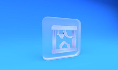 Buzlu cam 3D yazıcı simgesi mavi arkaplanda izole edildi. Kare buzlu cam düğme. 3 Boyutlu resimleme.