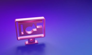 Mor-mavi arkaplanda izole edilmiş pembe bilgisayar ekranı simgesi. Elektronik cihaz. Ön manzara. Minimalizm kavramı. 3 Boyutlu resimleme.
