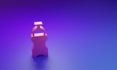 Mor-mavi arka planda izole edilmiş su ikonlu pembe spor şişesi. Minimalizm kavramı. 3 Boyutlu resimleme.