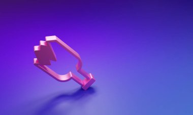 Mor-mavi arka planda izole edilmiş pembe kırık şişe silah ikonu. Minimalizm kavramı. 3 Boyutlu resimleme.