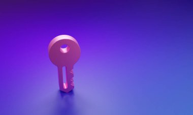 Pembe Ev anahtar simgesi mor-mavi arkaplanda izole edilmiş. Minimalizm kavramı. 3 Boyutlu resimleme.