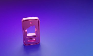 Akıllı telefon ikonundaki Pink Online emlak evi mor-mavi arka planda izole edilmiş. Ev kredisi konsepti, kira, satın alma, mülk alma. Minimalizm kavramı. 3 Boyutlu resimleme.