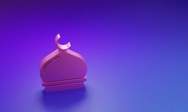 Mor-mavi arka planda izole edilmiş pembe Müslüman cami simgesi. Minimalizm kavramı. 3 Boyutlu resimleme.