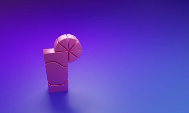 Mor-mavi arka planda izole edilmiş limon ikonlu pembe tekila bardağı. Meksika alkolü. Minimalizm kavramı. 3 Boyutlu resimleme.