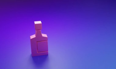 Mor-mavi arka planda izole edilmiş pembe tekila şişesi ikonu. Meksika alkolü. Minimalizm kavramı. 3 Boyutlu resimleme.