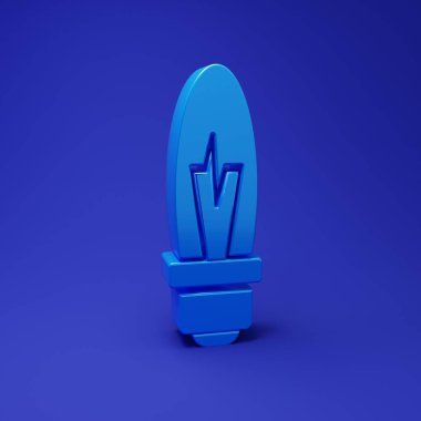 Mavi arka planda fikir ikonu konseptine sahip mavi ampul izole edildi. Enerji ve fikir sembolü. İlham konsepti. Minimalizm kavramı. 3 Boyutlu resimleme.