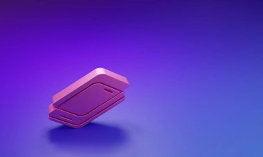 Mor-mavi arka planda izole edilmiş akıllı telefon simgesi için pembe cam ekran koruyucu. Cam için koruyucu film. Cep telefonu için şeffaf yumuşak cam. Minimalizm kavramı. 3 Boyutlu resimleme.