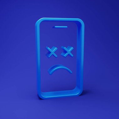 Mavi Ölü mobil simgesi mavi arkaplanda izole edildi. Ölen dijital cihaz emojisi sembolü. Ceset akıllı telefonu yüz duygusunu gösteriyor. Minimalizm kavramı. 3 Boyutlu resimleme.