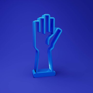 Mavi plastik eldiven ikonu mavi arka planda izole edildi. Lateks el koruması işareti. Ev işi temizlik ekipmanları sembolü. Minimalizm kavramı. 3 Boyutlu resimleme.