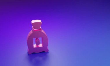 Mor-mavi arka planda izole edilmiş özel bir bitki simgesinin tohumlarıyla dolu pembe paket. Minimalizm kavramı. 3 Boyutlu resimleme.