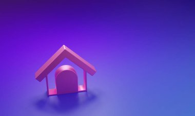Mor-mavi arka planda izole edilmiş pembe köpek evi simgesi. Köpek kulübesi. Minimalizm kavramı. 3 Boyutlu resimleme.