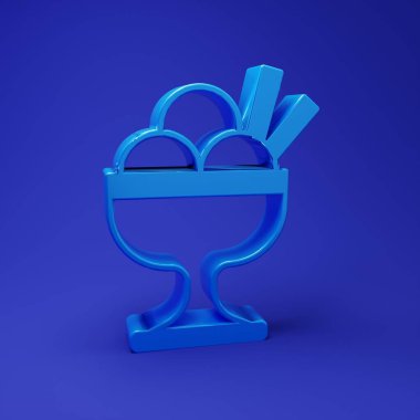 Mavi arka planda izole edilmiş kase ikonundaki mavi dondurma. Güzel sembol. Minimalizm kavramı. 3 Boyutlu resimleme.