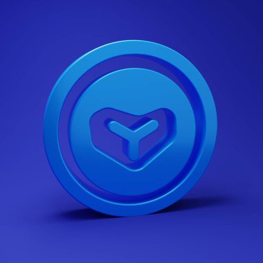 Mavi arka planda izole edilmiş bir tabak ikonunda mavi biftek. Çatal bıçak sembolü. Restoran tabelası. Minimalizm kavramı. 3 Boyutlu resimleme.