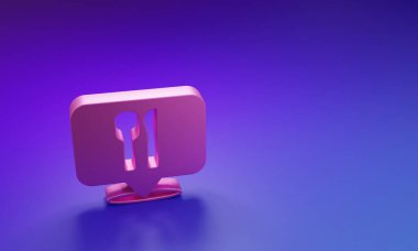 Pembe Kafe ve restoran konumu ikonu mor-mavi arka planda izole edilmiş. Noktanın içinde çatal ve kaşık yeme işareti var. Minimalizm kavramı. 3 Boyutlu resimleme..