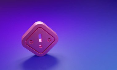 Mor-mavi arkaplanda izole edilmiş üçgen ikonunda pembe ünlem işareti. Tehlike uyarısı, dikkat, dikkat, tehlike uyarısı önemli bir işaret. Minimalizm kavramı. 3 Boyutlu resimleme.