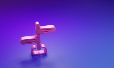 Pembe yol trafik levhası. Mor-mavi arkaplanda izole edilmiş işaret simgesi. İşaretçi sembolü. İzole sokak bilgi levhası. Yön tabelası. Minimalizm kavramı. 3 Boyutlu resimleme.