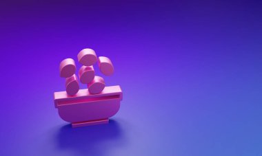 Mor-mavi arka planda izole edilmiş kase ikonundaki pembe tohumlar. Minimalizm kavramı. 3 Boyutlu resimleme.