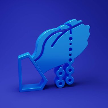 Mavi Eller dua pozisyonunda ve mavi arka planda tespih ikonu var. Dua eden İslami Müslüman dini dindarlık. Minimalizm kavramı. 3 Boyutlu resimleme.