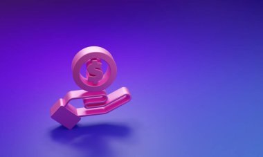 Pembe İnsan eli, mor-mavi arka planda izole edilmiş para ikonu veriyor. Para ikonu alınıyor. Minimalizm kavramı. 3 Boyutlu resimleme.