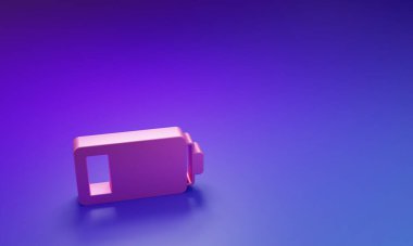 Pembe Batarya şarj seviyesi göstergesi simgesi mor-mavi arkaplanda izole edilmiş. Minimalizm kavramı. 3 Boyutlu resimleme.