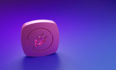Mor-mavi arkaplanda izole edilmiş Pembe Elektrik buji simgesi. Bağlantı kavramı ve elektriğin kesilmesi. Minimalizm kavramı. 3 Boyutlu resimleme.