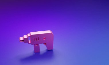 Mor-mavi arka planda izole edilmiş pembe elektrikli matkap ikonu. Tamir aleti. Minimalizm kavramı. 3 Boyutlu resimleme.