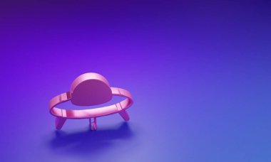 Mor-mavi arka planda izole edilmiş pembe UFO uçan uzay gemisi simgesi. Uçan daire. Uzaylı uzay gemisi. Gelecekteki bilinmeyen uçan nesne. Minimalizm kavramı. 3 Boyutlu resimleme.
