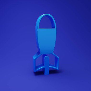 Mavi arka planda izole edilmiş füze ikonlu Mavi Roket fırlatıcı. Minimalizm kavramı. 3 Boyutlu resimleme.