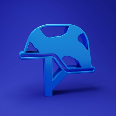 Mavi Askeri miğfer ikonu mavi arka planda izole edildi. Ordu şapkasının savunma ve koruma sembolü. Koruyucu şapka. Minimalizm kavramı. 3 Boyutlu resimleme.