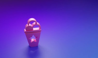 Mor-mavi arka planda izole edilmiş waffle külahlı pembe dondurma. Güzel sembol. Minimalizm kavramı. 3 Boyutlu resimleme.