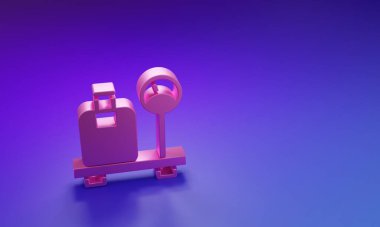Mor-mavi arka planda izole edilmiş bavul simgesiyle pembe ölçek. Lojistik ve teslimat. Dağıtım paketinin ağırlığı bir ölçekte. Minimalizm kavramı. 3 Boyutlu resimleme.