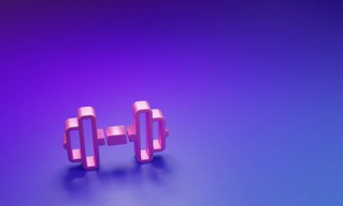 Mor-mavi arkaplanda izole edilmiş pembe Dumbbell simgesi. Kas kaldırma, fitness halteri, spor malzemeleri. Minimalizm kavramı. 3 Boyutlu resimleme.