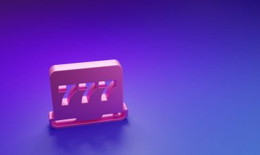 Mor-mavi arka planda izole edilmiş şanslı yedili ikramiye ikonu olan pembe dizüstü bilgisayar ve slot makinesi. İnternetteki kumarhane. Minimalizm kavramı. 3 Boyutlu resimleme.