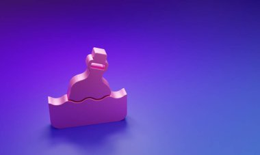 Mor-mavi arka planda izole edilmiş su ikonunda bir mesaj olan pembe cam şişe. Şişedeki mektup. Korsanların sembolü. Minimalizm kavramı. 3 Boyutlu resimleme.