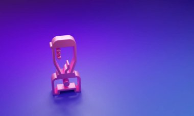 Mor-mavi arkaplanda izole edilmiş pembe karıştırıcı simgesi. Mutfak elektrikli kırıcı ve kase. Meyve suyu, kokteyl ya da meyve suyu. Minimalizm kavramı. 3 Boyutlu resimleme.