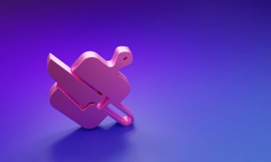 Mor-mavi arka planda pembe kesme tahtası ve bıçak ikonu var. Kesme tahtası sembolü. Çatal bıçak sembolü. Minimalizm kavramı. 3 Boyutlu resimleme.
