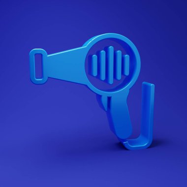 Mavi saç kurutma ikonu mavi arkaplanda izole edildi. Saç kurutma makinesi tabelası. Saç kurutma sembolü. Sıcak hava üflüyor. Minimalizm kavramı. 3 Boyutlu resimleme.