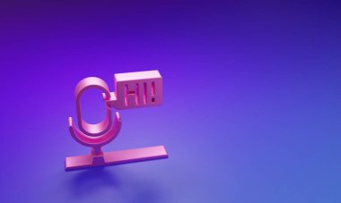 Mor-mavi arkaplanda izole edilmiş pembe mikrofon ses aygıtı ikonu. Mikrofon tercümanı ve alfabe harfleri. Minimalizm kavramı. 3 Boyutlu resimleme.