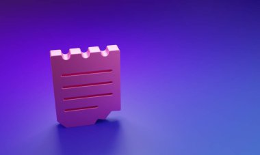 Mor-mavi arkaplanda izole edilmiş pembe defter simgesi. Spiral not defteri simgesi. Okul defteri. Yazı tahtası. Okul günlüğü. Minimalizm kavramı. 3 Boyutlu resimleme.