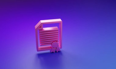 Mor-mavi arkaplanda pembe sertifika şablon simgesi izole edildi. Başarı, ödül, diploma, burs, diploma. İş başarısı sertifikası Minimalizm kavramı. 3 Boyutlu resimleme.