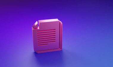 Mor-mavi arkaplanda izole edilmiş pembe belge simgesi. Dosya simgesi. Kontrol listesi simgesi. İş konsepti. Minimalizm kavramı. 3 Boyutlu resimleme.